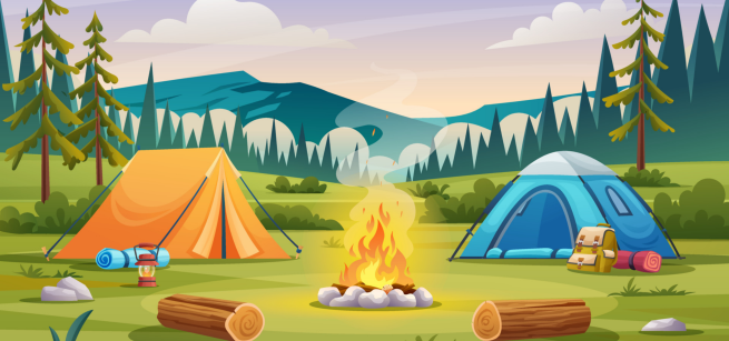 Two tents between a campfire in the woods