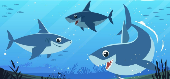 Three animated sharks in the ocean