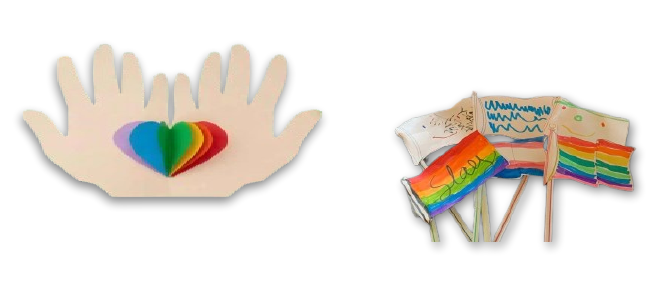 Hands holding a rainbow heart and pride falges