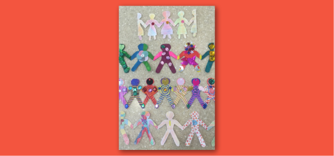 Image of four rows of colorful paper doll chains
