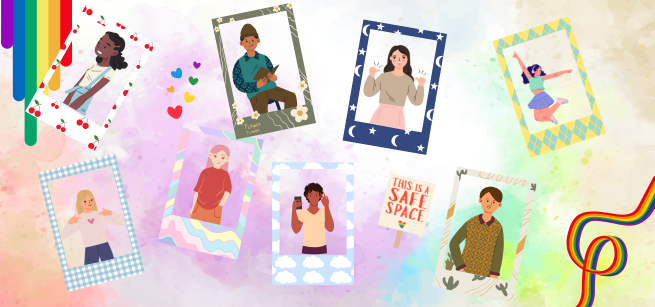 Rainbow background with 8 instant film self portraits