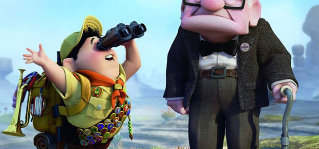 boy with binoculars and old man with cane