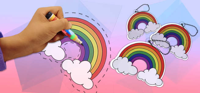 a hand colors in a rainbow. smaller rainbows are behind.