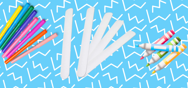 Blue and white background with markers and white slap bracelets