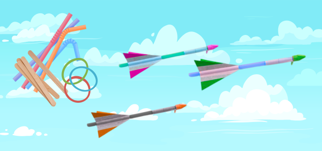 Sky background with 3 straw planes and pile of popsicle sticks, rubber bands and straws.  