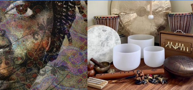 Diana Wallace painting on left, with instruments for sound bath on right