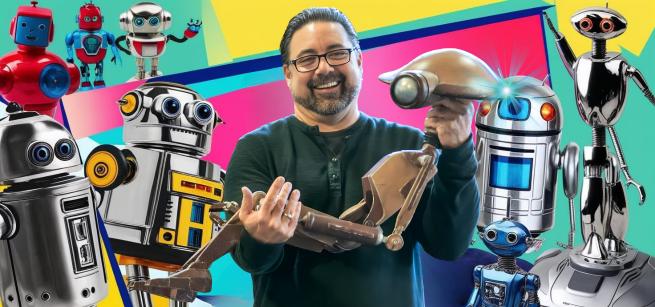 Paul Thompson holding a droid robot, surrounded by other robots