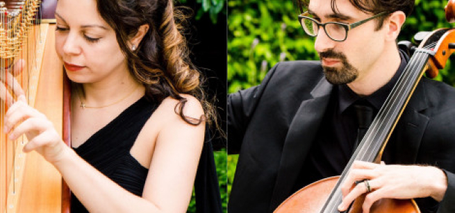 A female harpist and a male cellist play together.