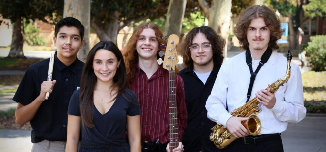 College students with various jazz instruments.