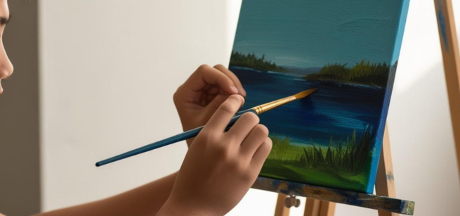 a hand using a brush to paint on canvas