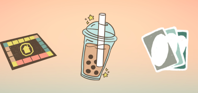 Orange gradient background with a board game, boba cup, playing cards