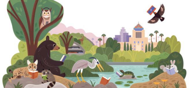 a drawing of Los Angeles with greenery and wildlife.