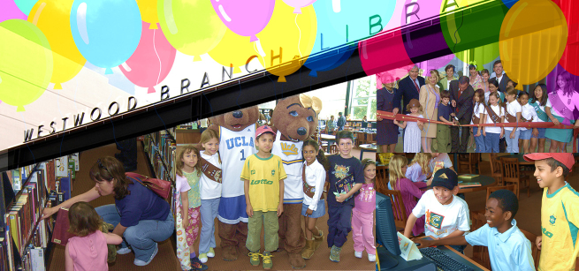 Collage of photos from Westwood branch library's opening celebration