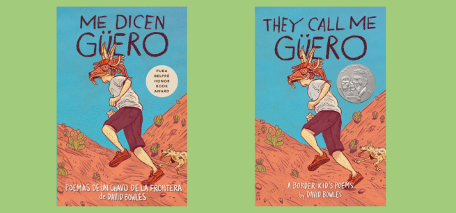 The cover of the book Me Dicen Guero on the left and The Call Me Guero on the right over a yellow-green background.