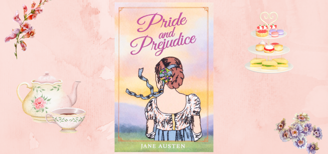 pride and prejudice book cover, tea pot and tea sandwiches