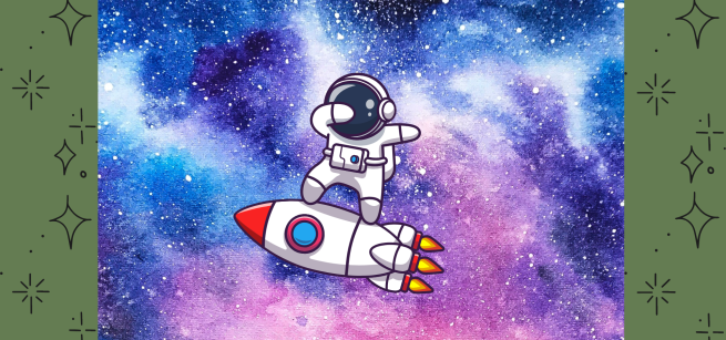 A dabbing astronaut on a white and red rocket flying through a purple, blue and pink space background