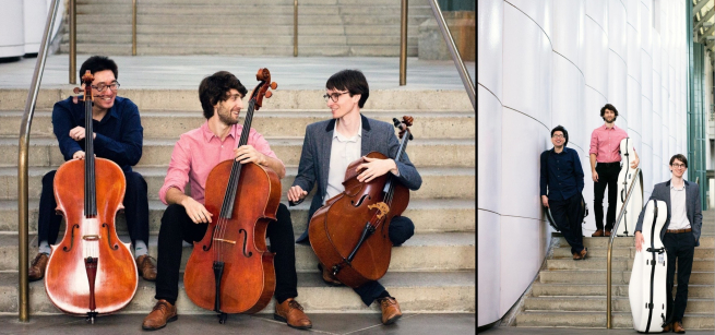 A trio of cello players are sitting on stairs, conversing with one another and smiling.