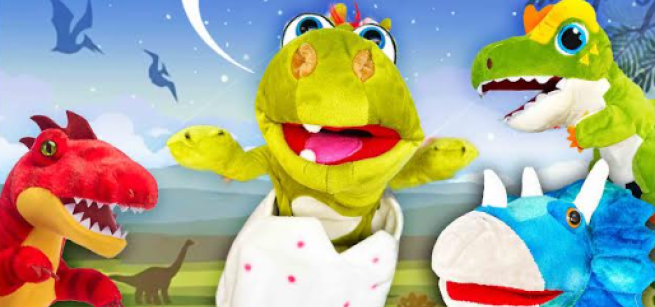 Four colorful dinosaurs are discussing a mystery