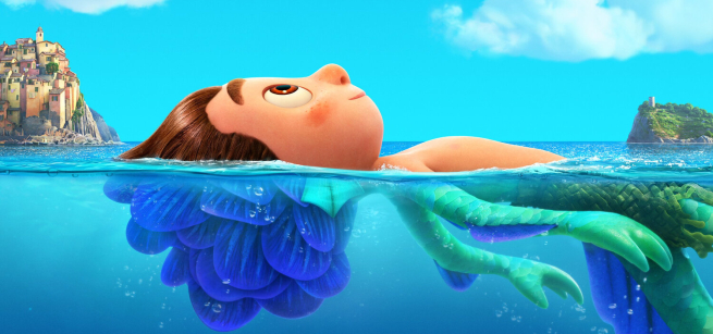 still from movie "Luca" with Luca floating in the ocean