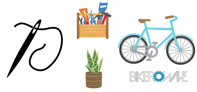Picture of sewing needle with thread, plant, tools and a bicycle.