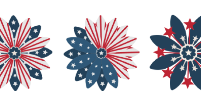 3 red, white and blue flower designs