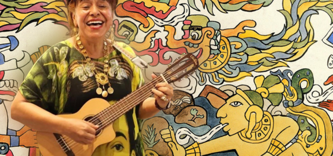Performer Gloria Arjona in front of a Diego Rivera artwork