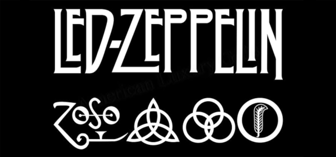 Text saying Led Zeppelin with icons symbolizing the band.