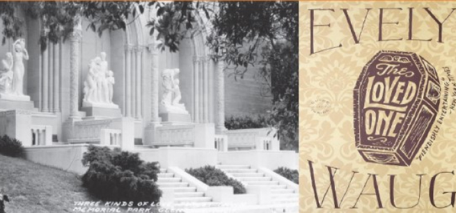 Statues at Forest Lawn Memorial Park and the cover of the book The Loved One
