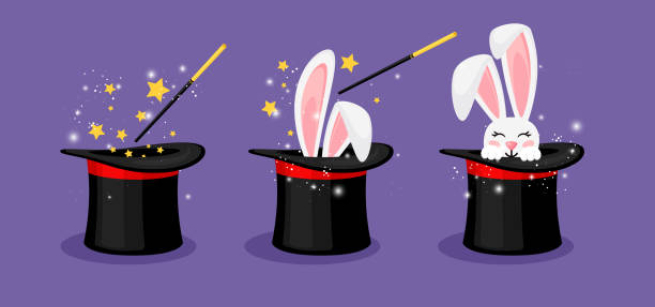 Three black top hats are shown with a bunny popping out of the last hat in front of a purple background.