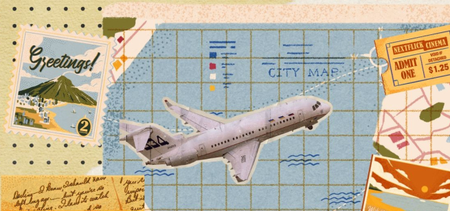 Travel scrapbook page with a map, stamp, and a plane.