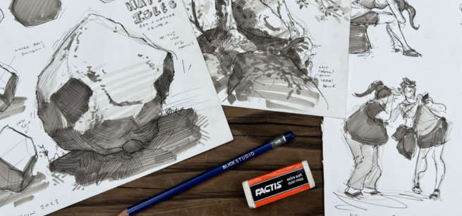 Black & white nature sketches with pencil and eraser.