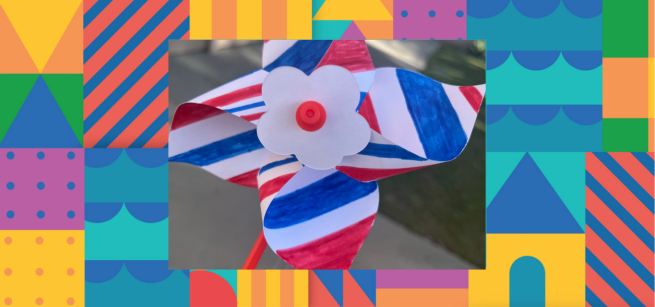 pinwheel red white and blue stripes. background is multicolored