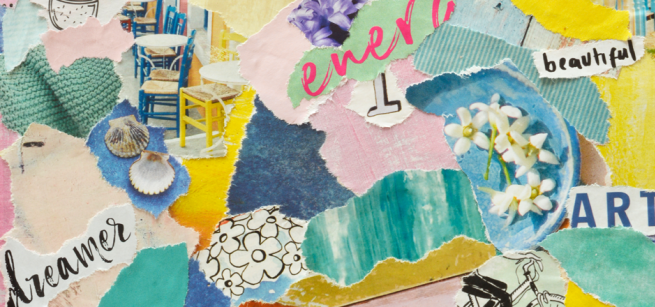 Scrap paper and art supplies on a table