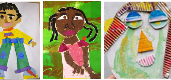 colorful collages of a boy, a girl, and a child's face