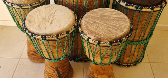 Set of Africa drums on display. 