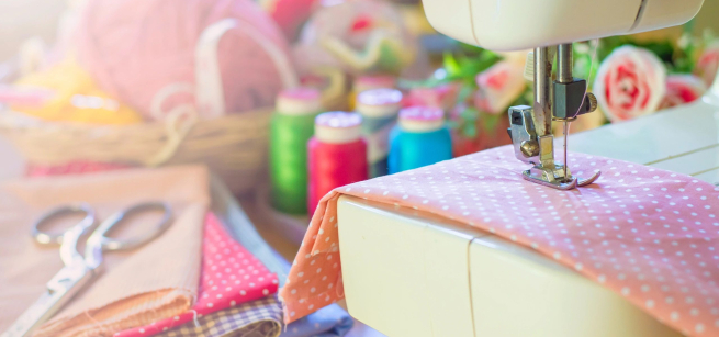 Sewing machine and colorful fabrics.