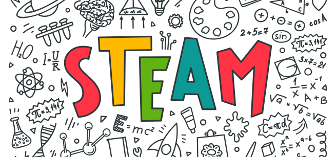 The word STEAM in different colors is shown in front of a black and white background.