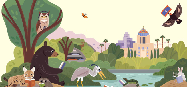 Animals reading by a lake, a bird flying with a library card in its mouth, Central Library.