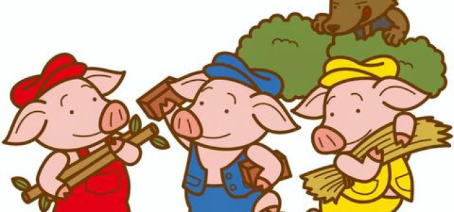Illustrations of the Three Little Pigs in the foreground and the Wolf looking at them from the background.