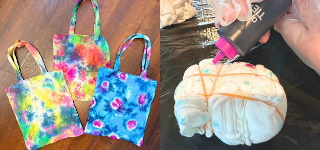 Two images are shown: one of finished tie-dyed tote bags, and the other of a child squeezing dye onto a tied roll of fabric.