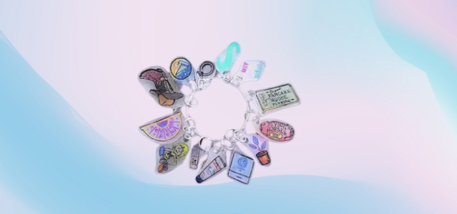 blue and pink shiny background with a ring of various keychains