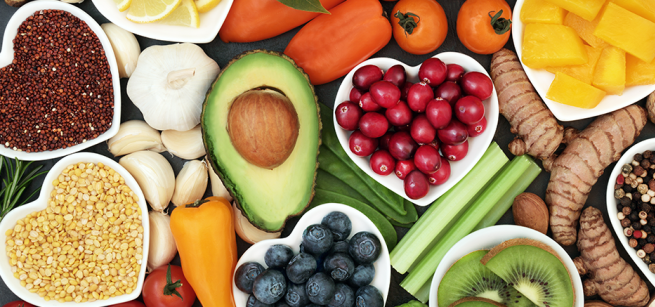 A spread of various fruits, vegetables, and grains.