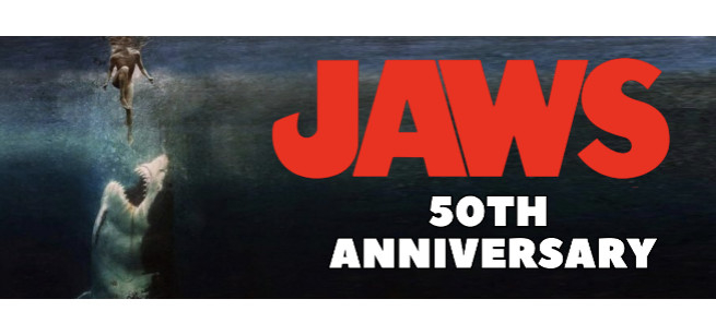 Image of shark swimming toward a person with text of Jaws 50th Anniversary