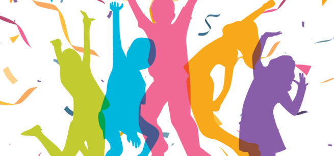 multi color children jumping are silhouetted with streamers around them