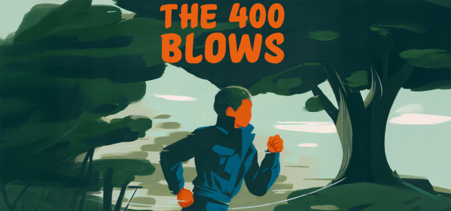 painting of a boy running past trees