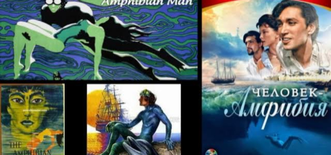 man carrying a woman under water, man sitting with a dolphin, two men and a woman looking towards the sea, sail ship