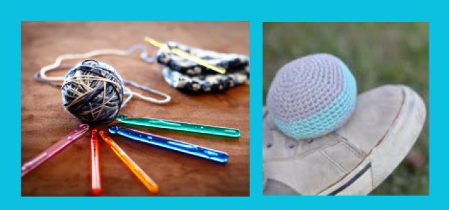 ball of yarn with crochet needles on left and crocheted hacky sack resting on shoe on the right