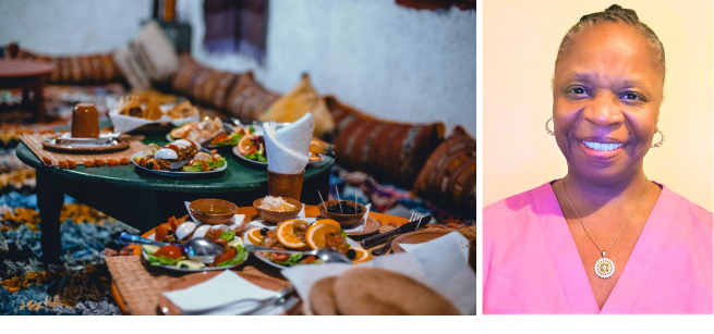 A headshot of Dr Hazly on the right-hand side. A table set with a variety of Moroccan dishes on the left-hand side.