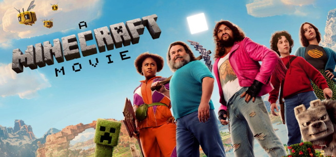 Minecraft movie cast standing to the side with Minecraft sky behind them