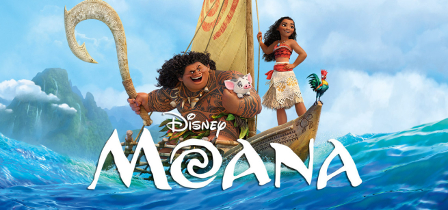 Moana and Maui riding on a sailboat in the ocean